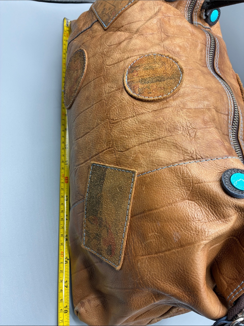 GABS ITALY Vintage-Inspired Tan Leather Shoulder Bag with Turquoise Accents - Picture 12 of 14